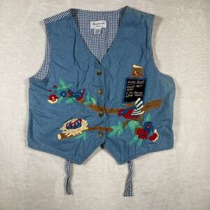 Westbound Casual Denim Bird Nest Embroidered Button Front Vest Women Size L
